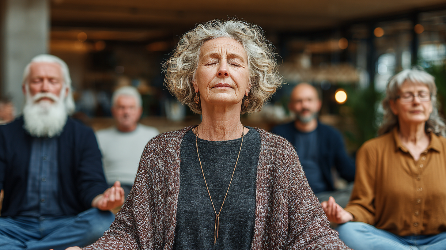 Група людей зрілого віку займається йогою в затишному залі